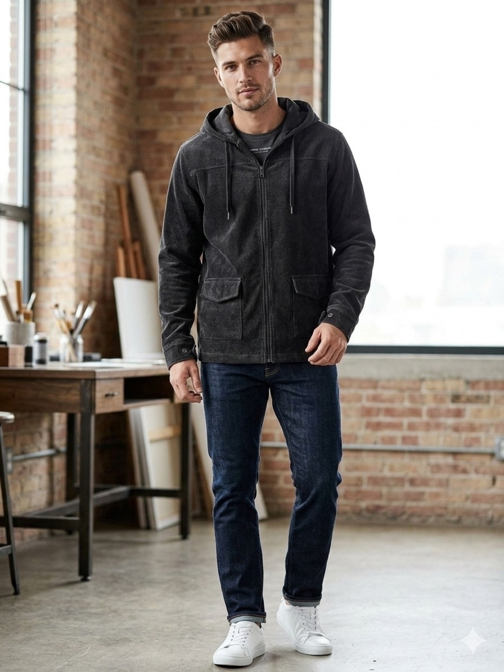 Lands' End Men's Black Corduroy Hooded Zip-Up Sweater Jacket